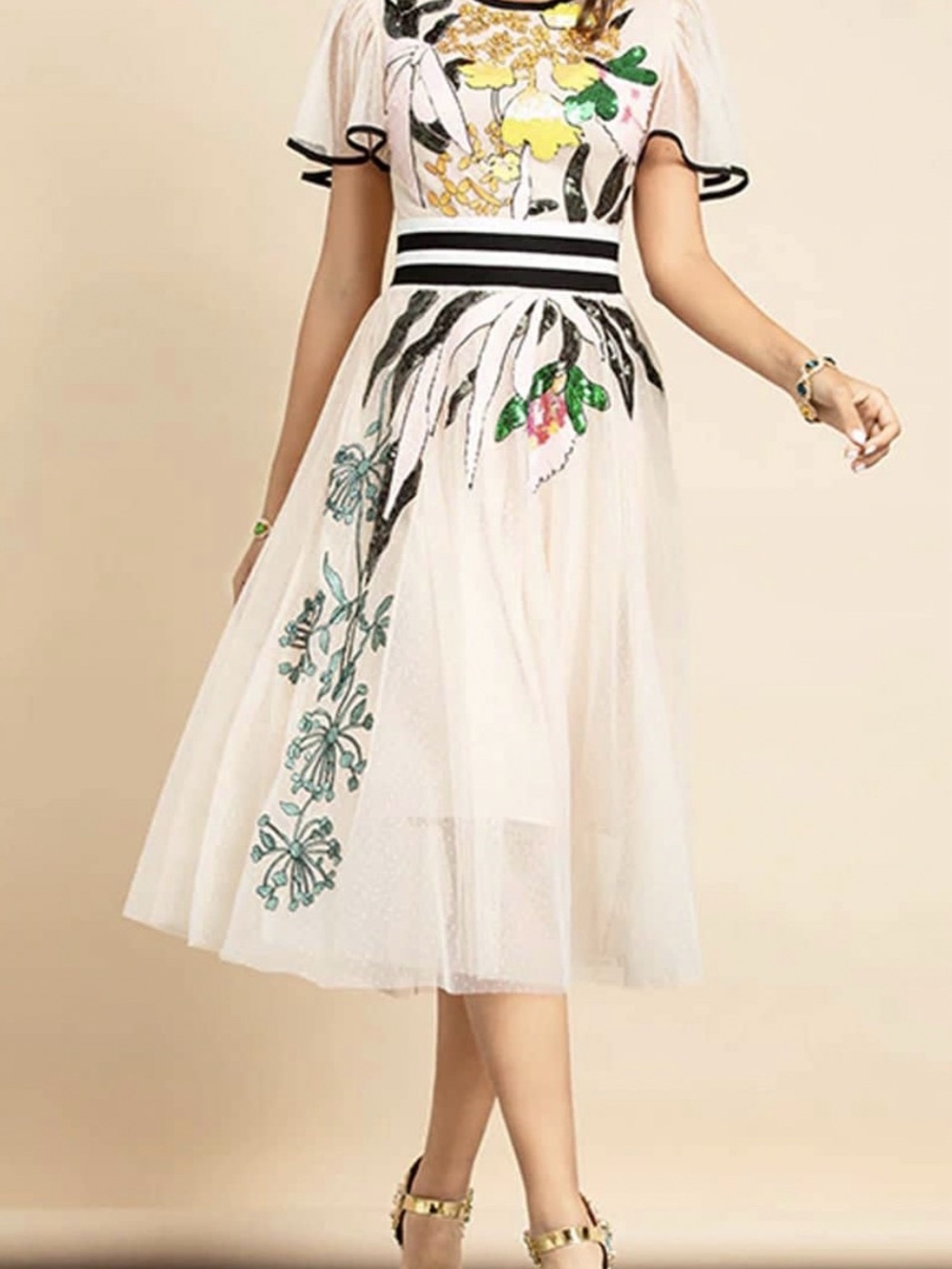 NWOT Women's Embroidered Floral Midi Dress in Blush Nude Black Stripes Size M